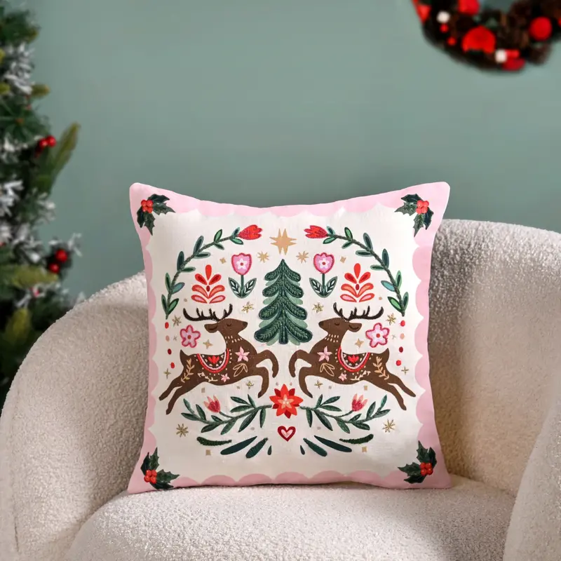 Twin Reindeer Motif Embroidered Cushion Cover – 40X40 Cm 1