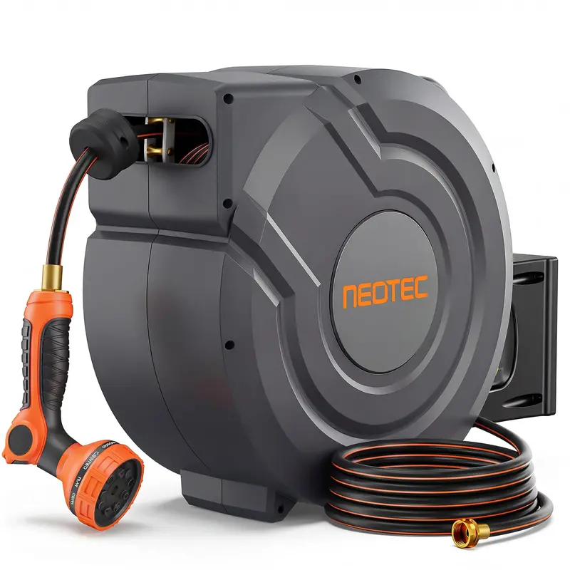 Upgraded 130-Foot Retractable Garden Hose Reel — 1/2" Diameter, 9-Setting Nozzle, Auto-Slow Return & Uv-Resistant Design 1