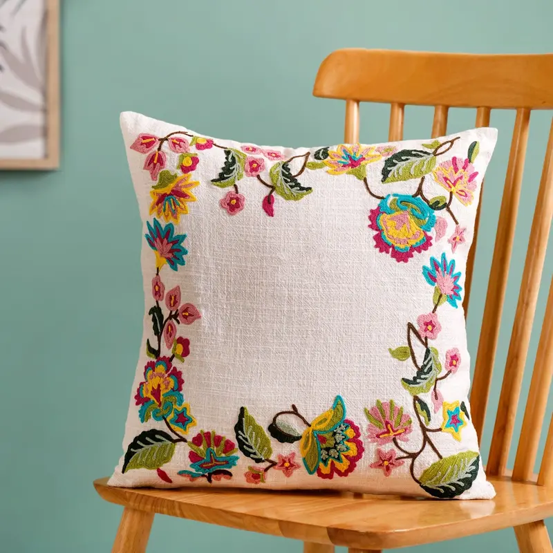 Vibrant Floral Embroidered Cotton Cushion Cover – 40X40 Cm 1