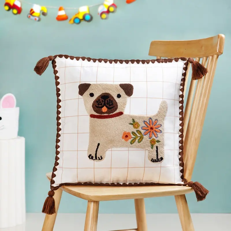 Whimsical Dog Embroidery Cushion Cover – Premium Cotton With Tassel Accents (42X42 Cm) 1