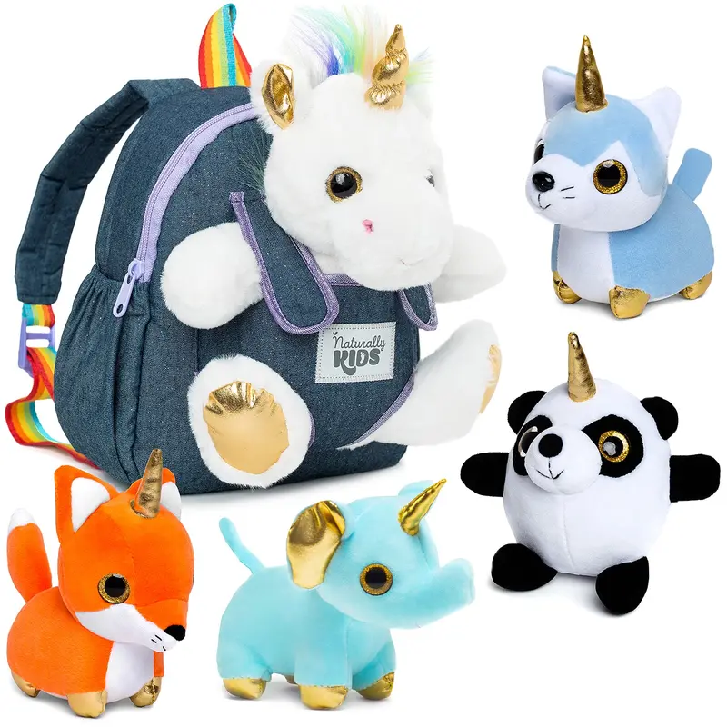 Whimsical Unicorn Plush Bundle: Cat, Fox, Elephant & Panda – Paired With Decorative Unicorn Backpack 1