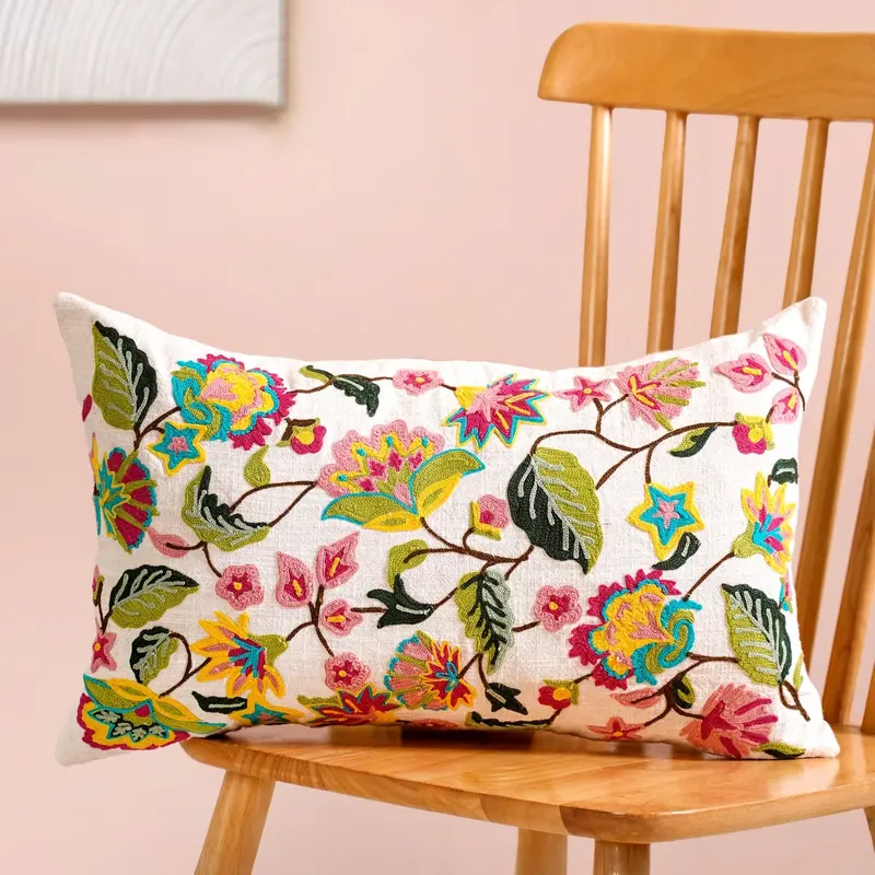 Wildflower Waltz Embroidered Cotton Cushion Cover – 50X30 Cm 1