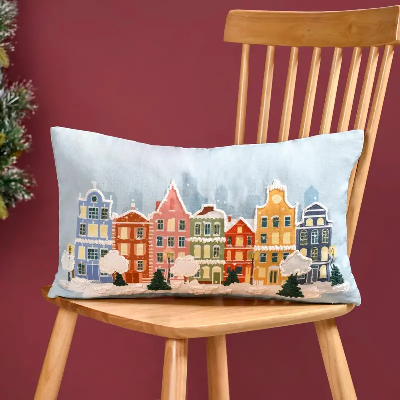Winter Town Embroidered Cotton Cushion Cover – 50X30 Cm 1