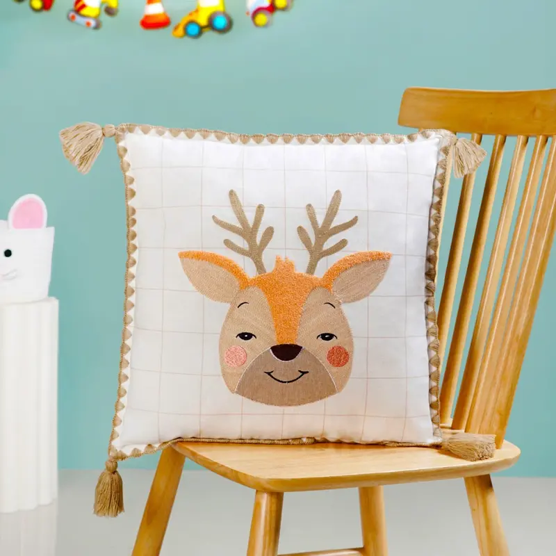 Woodland Deer Embroidered Cotton Cushion Cover (42X42Cm) 1