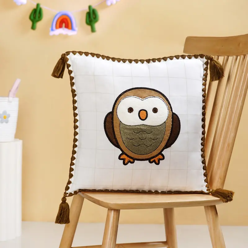 Woodland Owl Decorative Cushion Cover – Embroidered Cotton With Tassels (42X42 Cm) 1