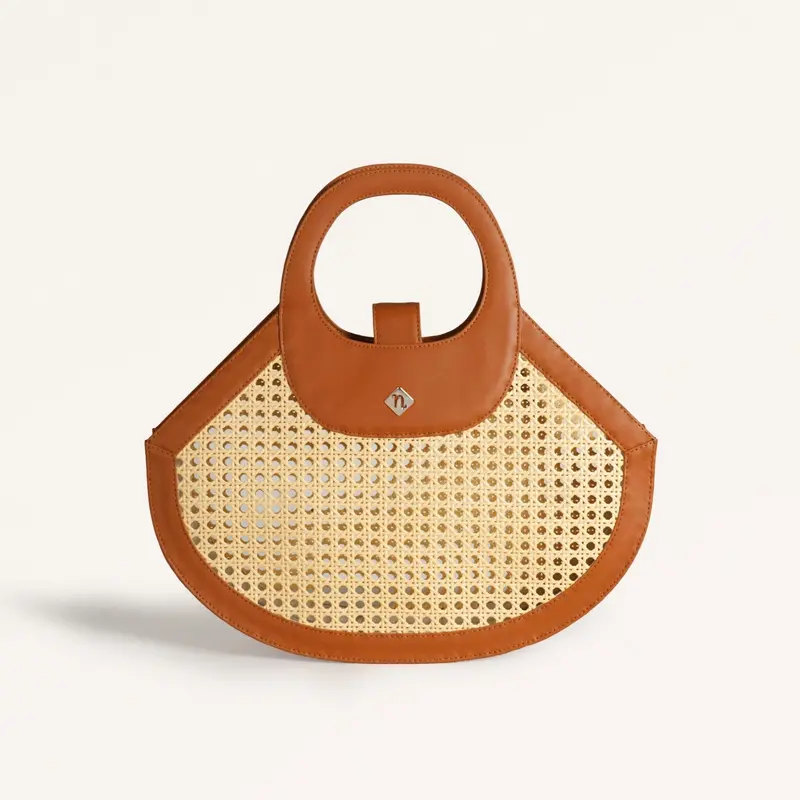 Woven Tan Rattan Basket-Style Tote Bag 1