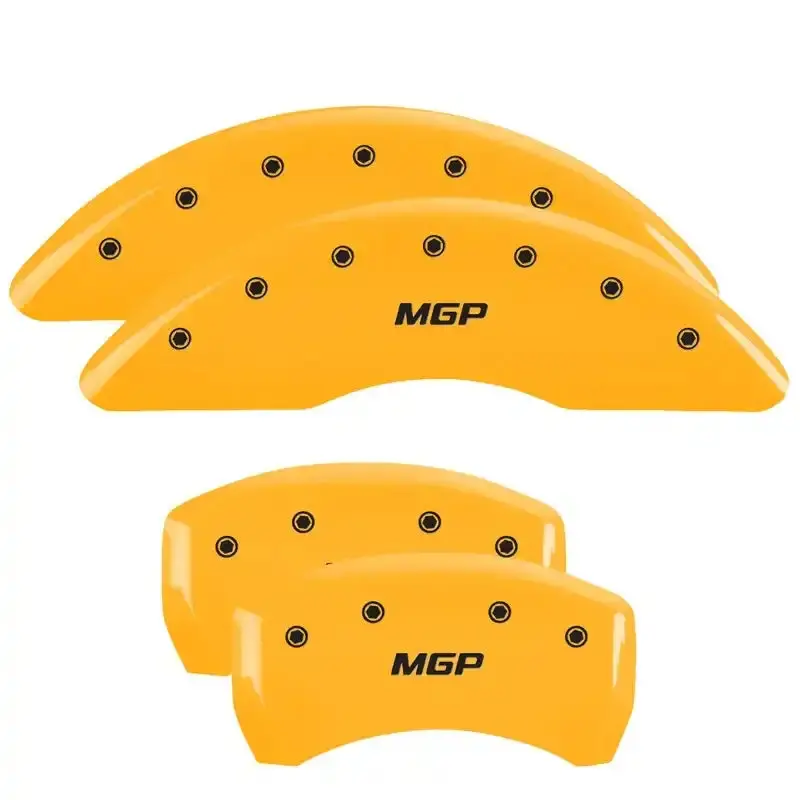 Mgp Engraved Caliper Covers – Front Cursive & Rear Cadillac Logo Design In Yellow-Black Finish 1